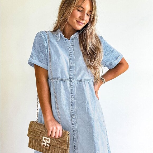 Denim Dress for Women Babydoll Tiered Short Sleeve Button Down Jean Shirt Dresse - Picture 4 of 6